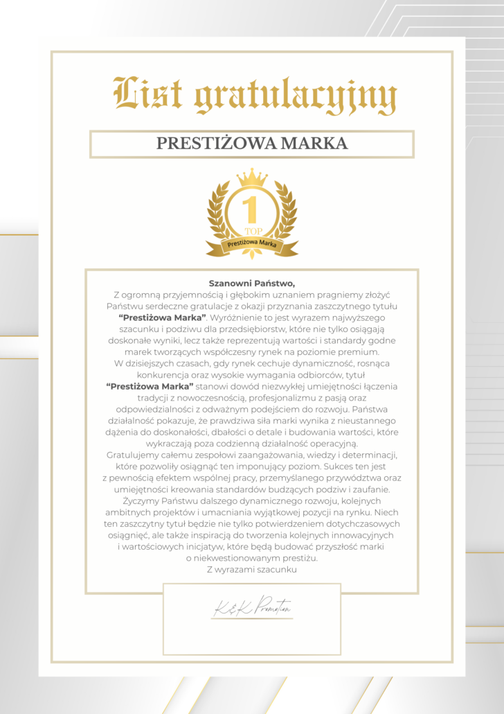 LIST GRATULACYJNY PRESTIŻOWA MARKA 2026
